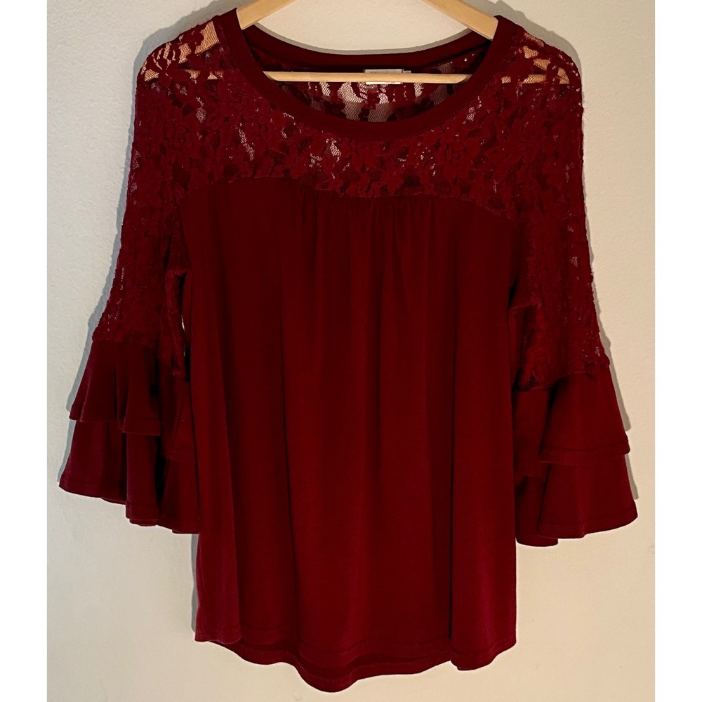 Miselon Burgundy Lace Bell Sleeve Top Women's Size L Boho Blouse‎